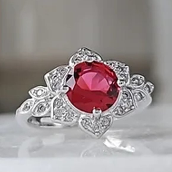 Red Ruby Gemstone Flower Ring, 925 Sterling Silver Charmed Aroma Valentines - Picture 2 of 7